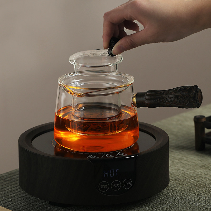北大史 玻璃煮茶壶 侧把茶壶实木百财耐热普洱白茶电陶炉日式茶壶