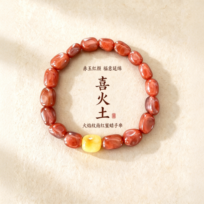 【喜火土】天然火焰纹南红蜜蜡随形本命年招财设计男女同款手链