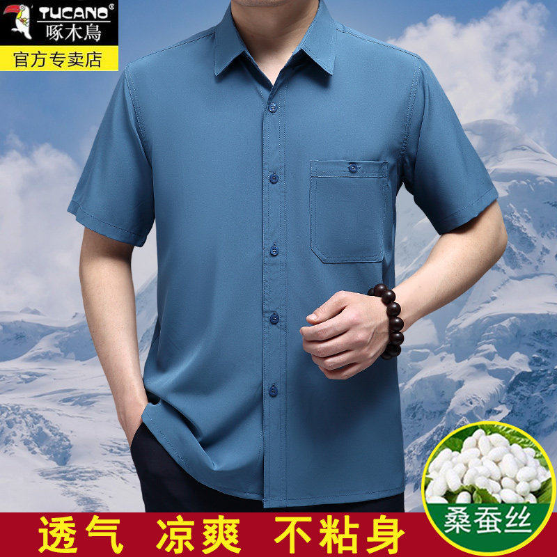 啄木鸟爸爸夏装桑蚕丝短袖衬衫男衬衫
