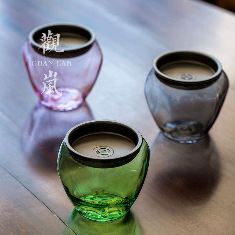 彩色玻璃小建水茶渣缸家用过滤孟水洗洗零配件带桶茶盖茶具水茶渣