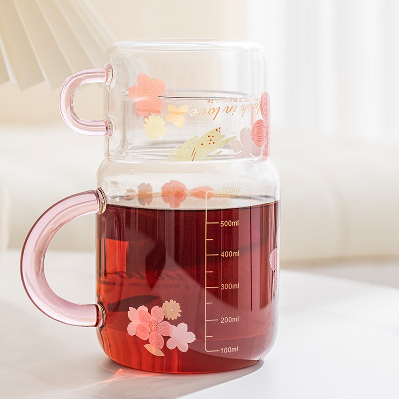 樱花玻璃杯玻璃水壶耐高温大容量花茶带盖杯子家用办公室一人套装