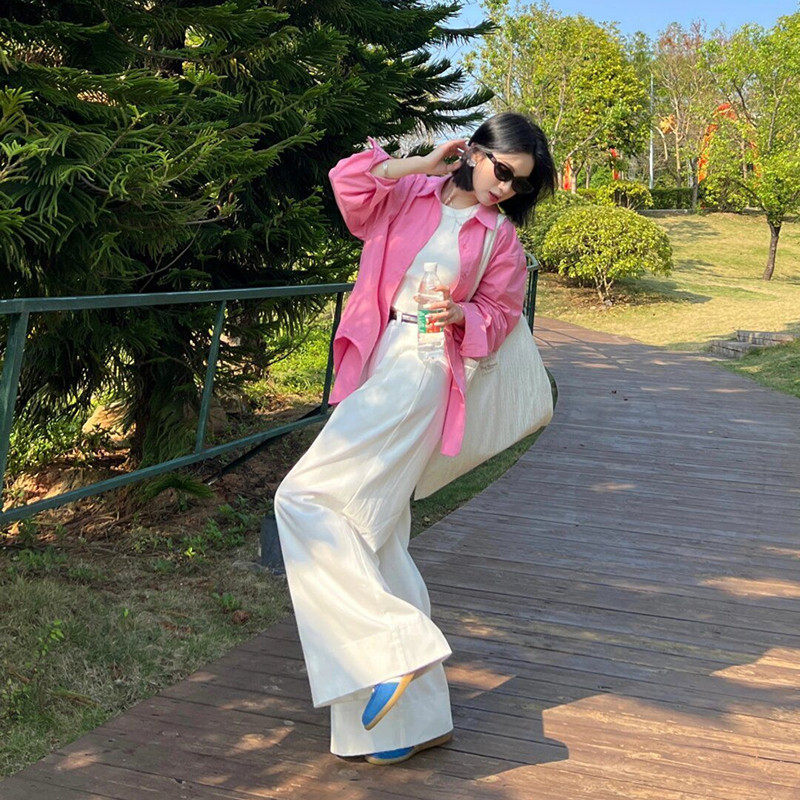 设计师套装清新甜美气质衬衫女装2025春装搭配一整套时尚白色裤子