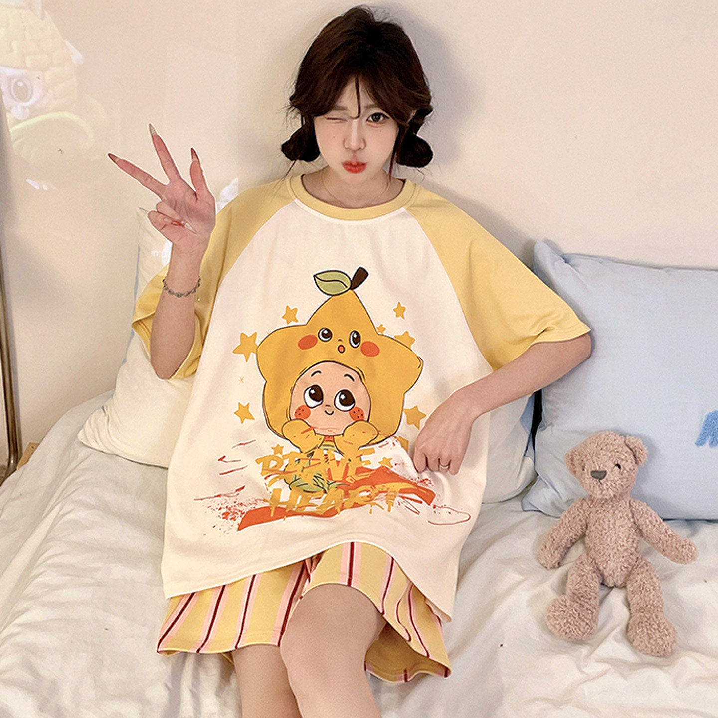 睡衣女纯棉夏季短袖薄款卡通可爱初中学生女款大码宽松家居服套装