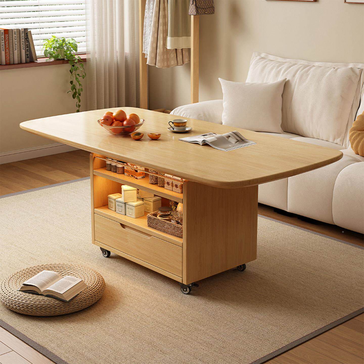 北欧实升桌降茶几客厅家轮用茶桌餐木两用可移动小户型茶台带边几