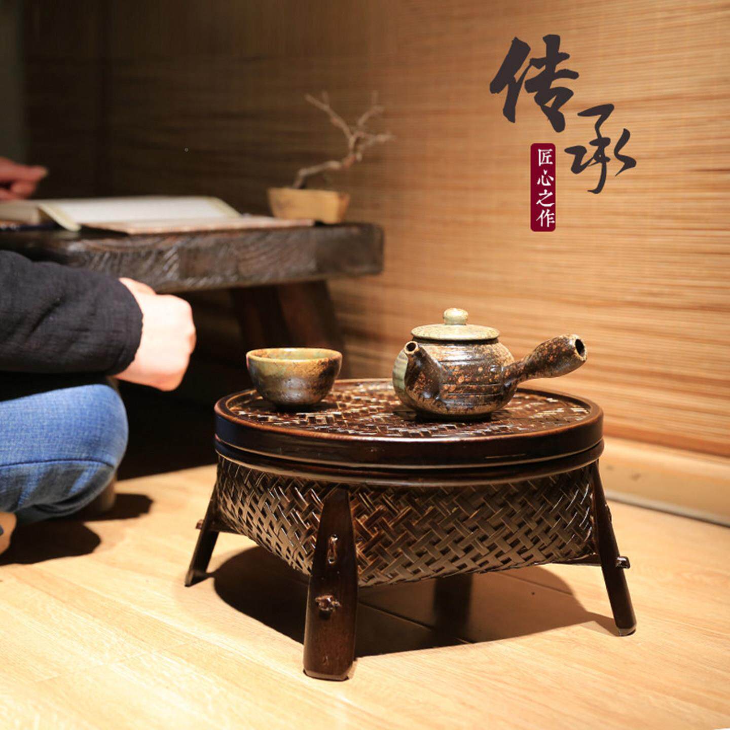 日式编收纳篮漆器工艺品茶四脚竹编盘茶竹台多功能茶纳道家防用茶