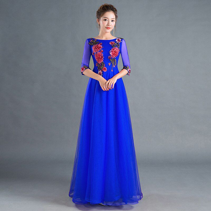中老年大合唱团演出服装主持人礼服女长裙长款2023新款连衣裙显瘦
