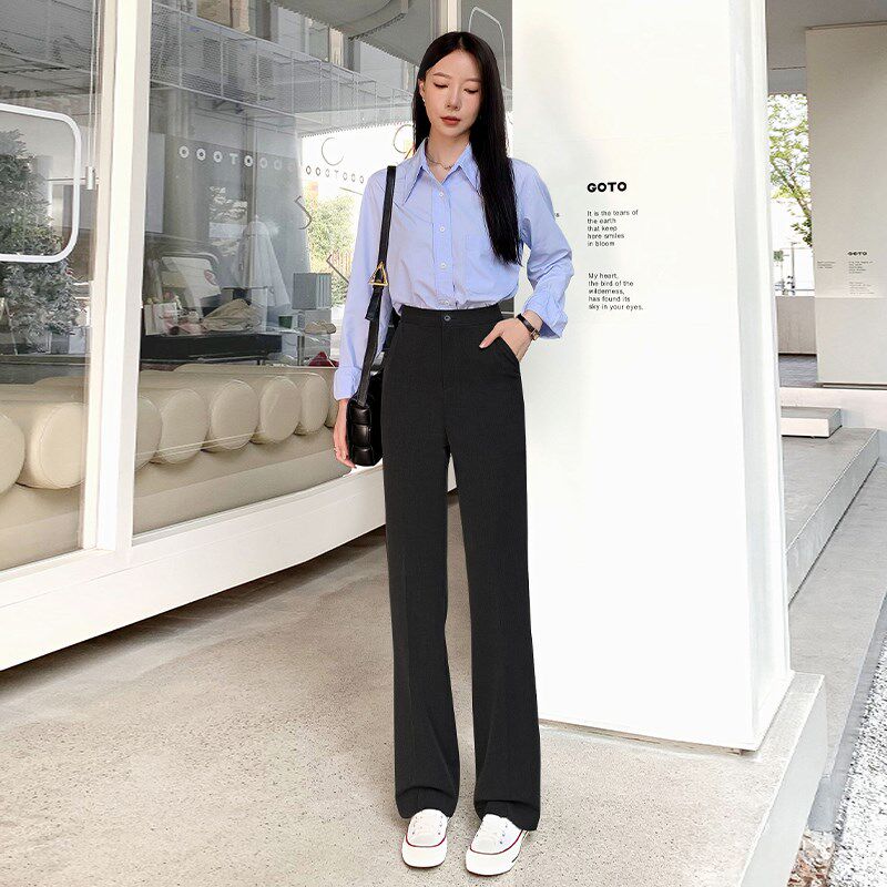 小个子高级感微喇裤女春秋垂感拖地直筒高腰职业显瘦显腿长西装裤