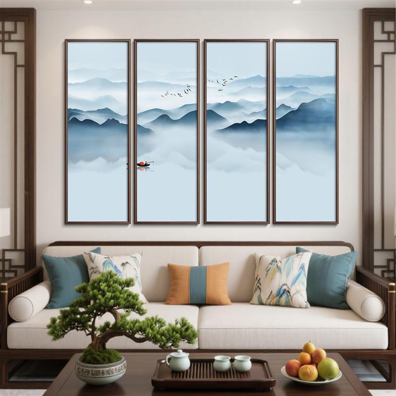 意境山水四条屏挂画新中式客厅装饰画风景玄关画书房茶室禅意壁画