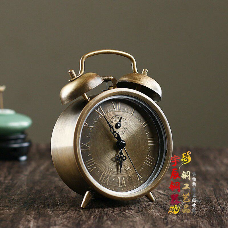 仿古做旧闹钟纯铜创意床头钟表上弦钟表座钟家居装饰老式机械闹钟