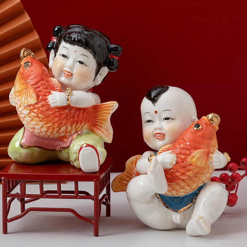 陶瓷男女童子窑彩可爱早生贵子年年有余求子送子手工创意娃娃摆件