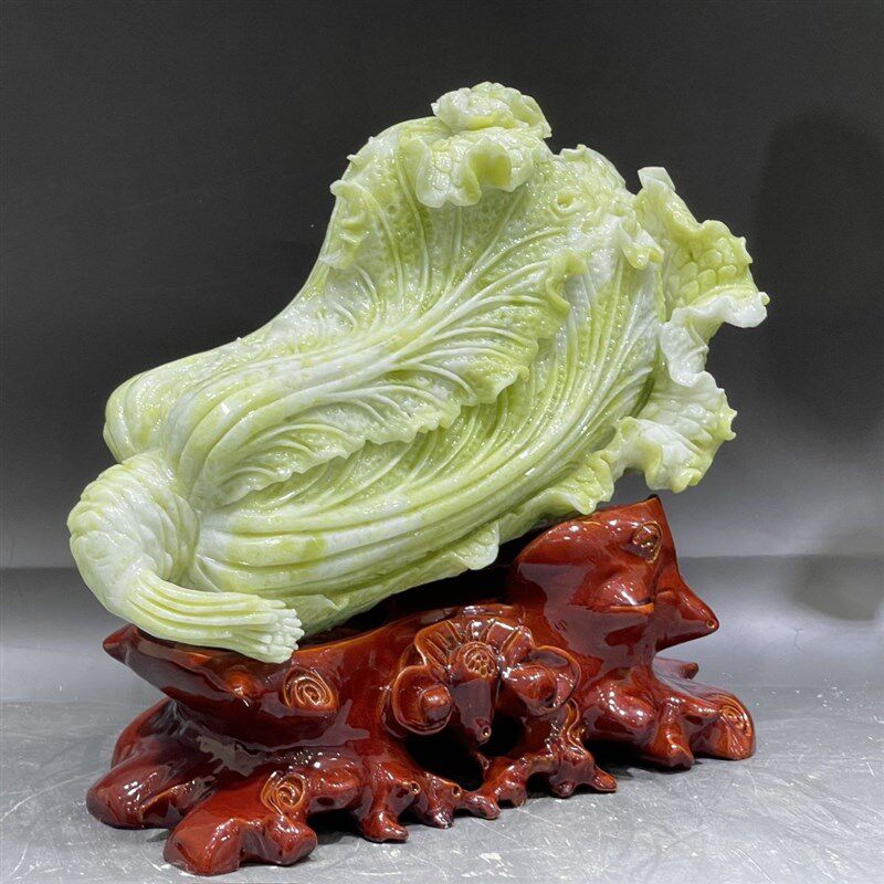 天然白绿色玉白菜摆件招财玉石岫玉新中式家居装饰酒柜办公室摆设