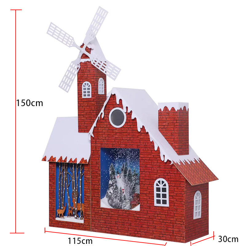 2米木质大号城堡雪屋雪房子电动风车带灯商场雪景摆件圣诞装饰品