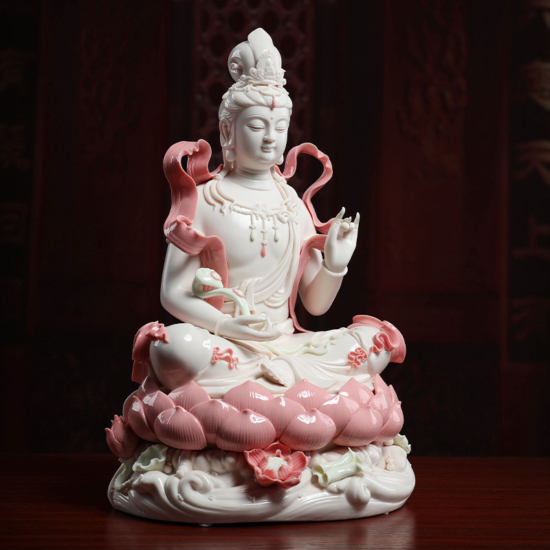 戴玉堂 陶瓷摆件《玉红瓷 飘带自在观音》佛像居家供奉 家居饰品