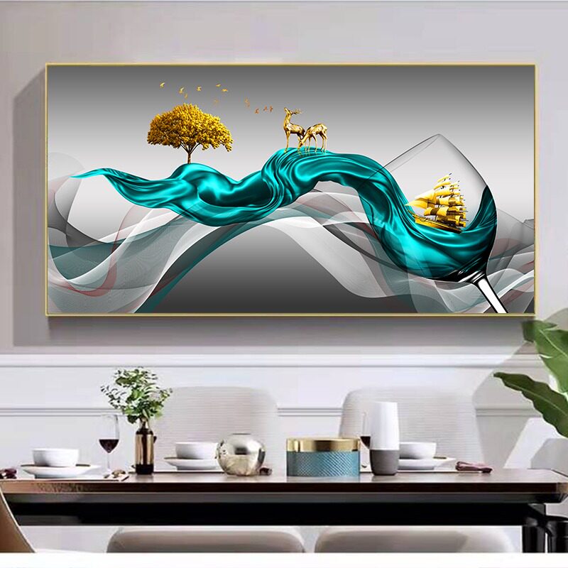 招财九鱼图餐厅装饰画饭厅新中式歺厅挂画酒杯横幅餐桌墙上面壁画