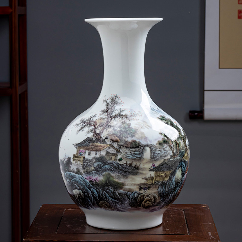 景德镇陶瓷器粉彩山水画花瓶摆件赏瓶瓷瓶子中式客厅办公室装饰品