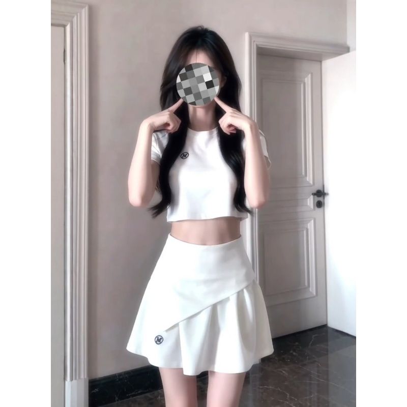 韩系辣妹休闲运动服套装女夏季短款露肚脐短袖T恤高腰短裙两件套