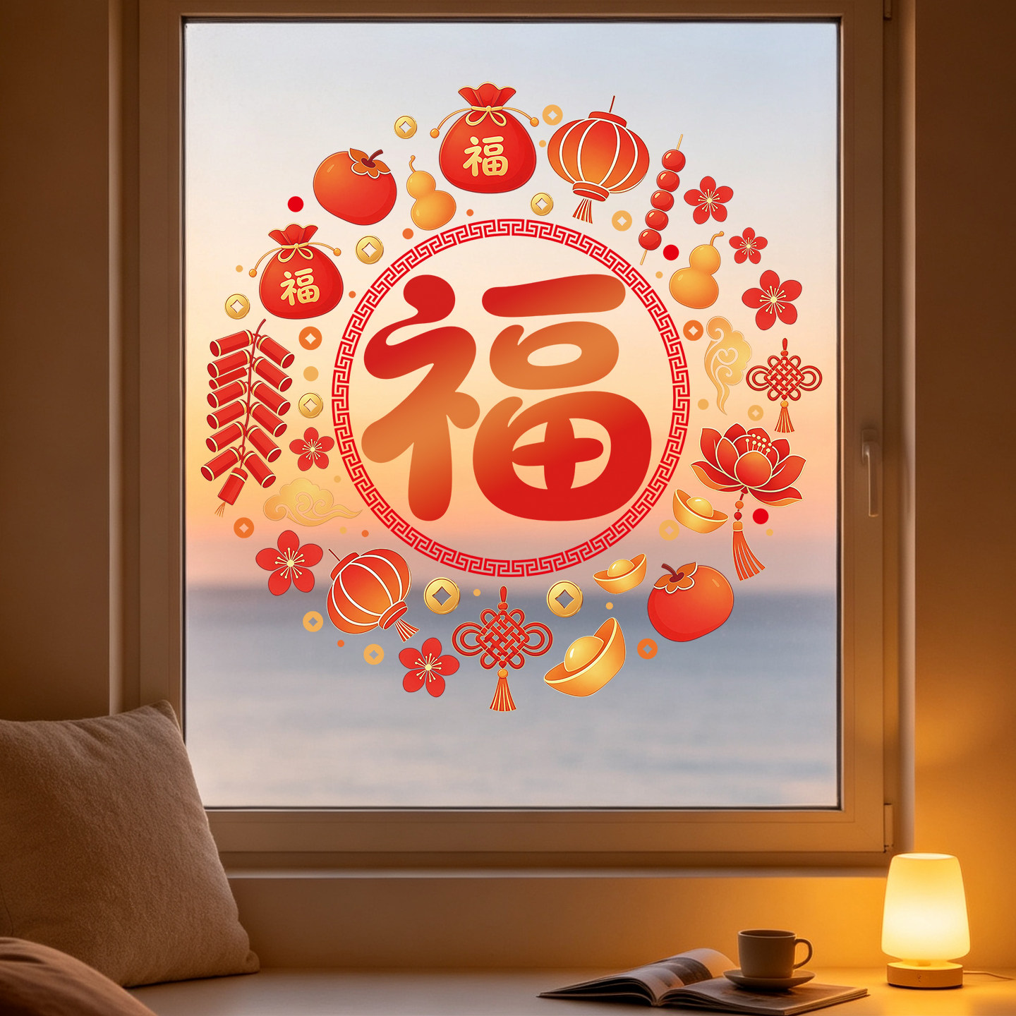 2027新年福字贴乔迁玻璃窗贴春节商场酒店窗花店铺橱窗玻璃静电贴
