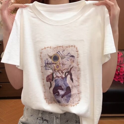 韩系小众设计感花瓶印花短袖T恤女白色圆领松弛感减龄时尚上衣