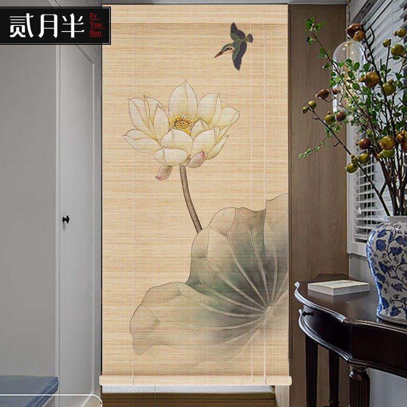 新中式竹帘卷帘荷花莲蓬装饰窗帘门帘子隔断帘客厅阳台遮光遮阳帘