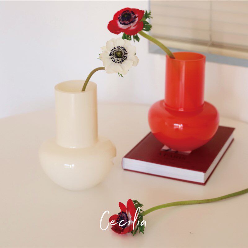 Cecilia 中古桃心红奶油白玻璃花瓶简约居家民宿客厅水养插花器皿