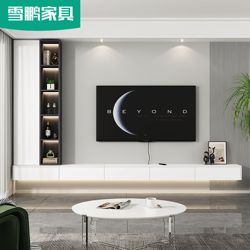 简约壁挂悬空电视机柜小户型客厅悬浮电视背景墙储物书柜书架一体