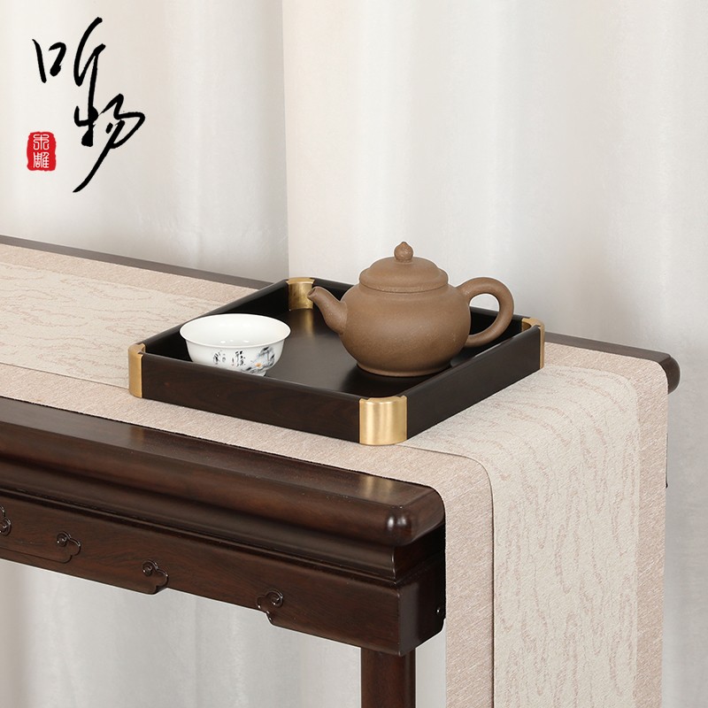 中式紫光檀铜角茶盘收纳承盘文盘茶具托盘实木质文玩玉器木头托盘
