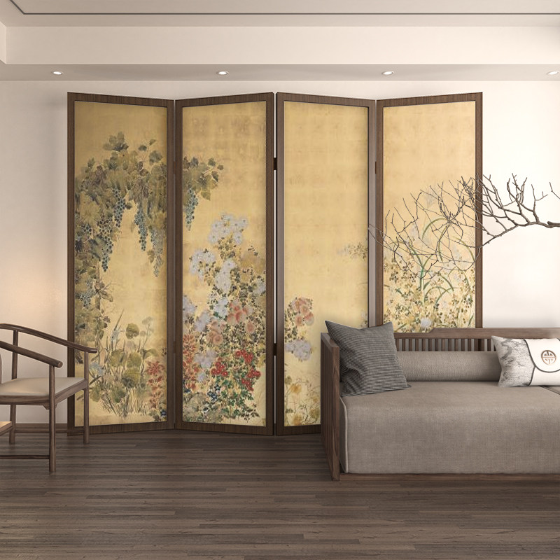春秋花草》新中式复古屏风隔断客厅玄关茶室背景墙实木国潮风折屏