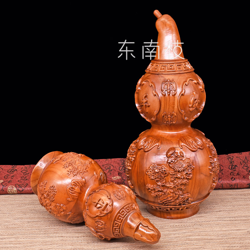 桃木四季平安葫芦花瓶酒柜摆件梅兰竹菊实木雕刻大号卧室装饰品