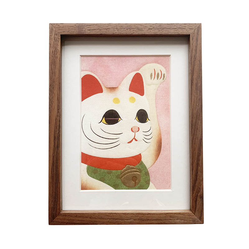 日式招财猫动物装饰画摆台挂画精致个性礼物摆件高档实木透明相框