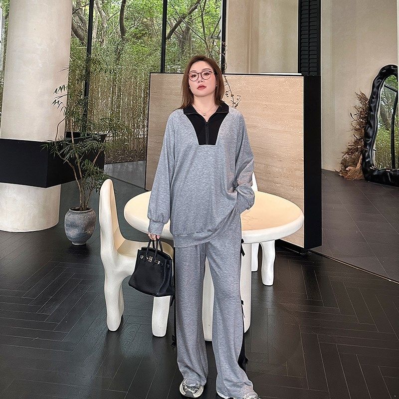 撞色空气层宽松休闲套装大码女装秋季新款胖mm显瘦卫衣卫裤两件套