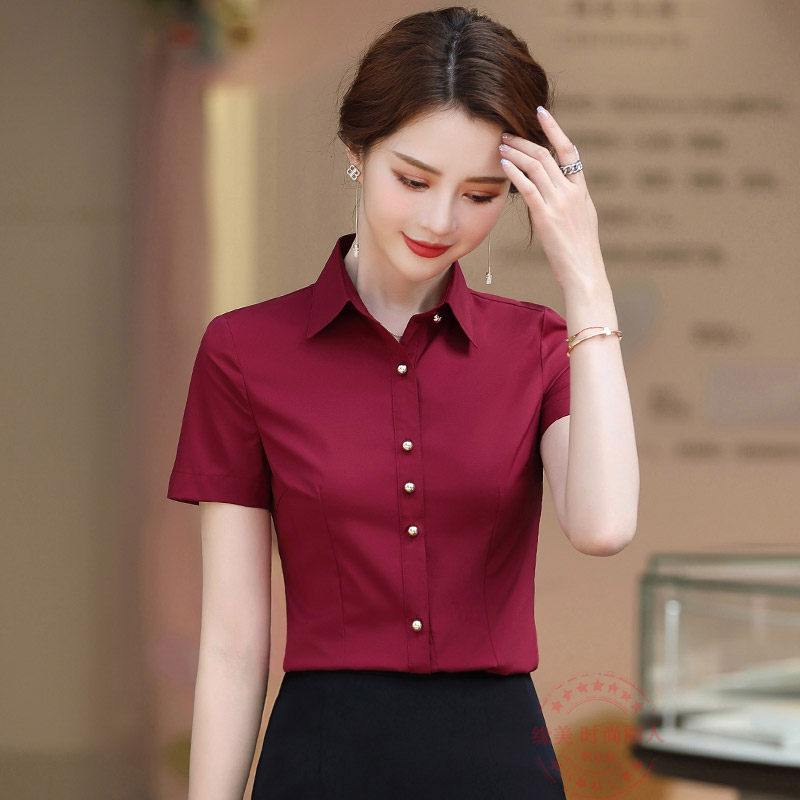酒店前台服务员工作服短袖白衬衫女餐饮收银员工装显瘦职业装衬衣