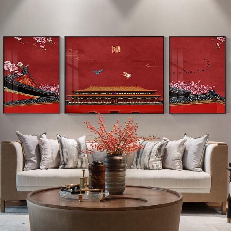 网红新中式红色装饰画沙发客厅挂画大气中国风三联喜庆背景墙墙面