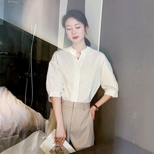 立领衬衫女高级感夏季短袖复古法式时尚洋气宽松灯笼袖气质上衣