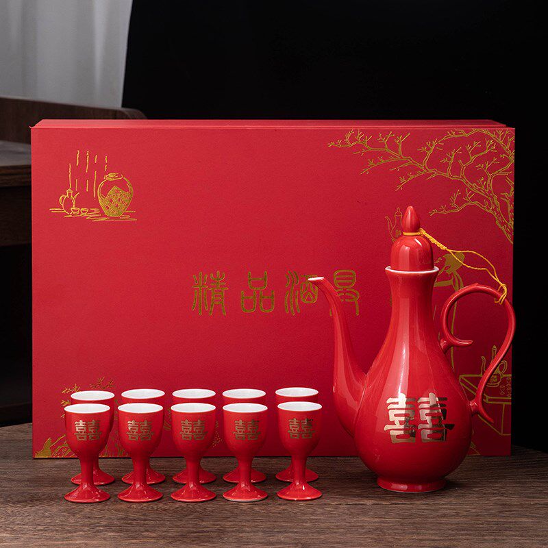 中式酒具陶瓷酒壶敬酒杯宫廷高脚杯白酒家用小酒盅仿古结婚分酒器