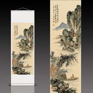 诗情画意仿古画山水卷轴家居茶楼酒店装饰杨柳泛舟渔舟唱晚字画