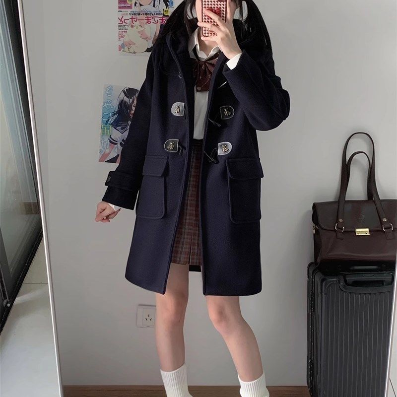 学院风jk制服牛角扣大衣秋冬黑色女中长款毛呢大衣连帽加厚款外套