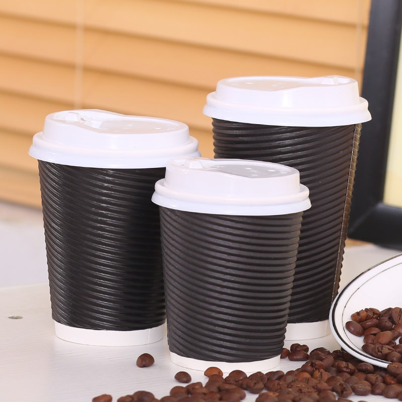 一次性咖啡打包杯奶茶纸杯加厚防烫双层热饮杯螺纹瓦楞杯子带盖