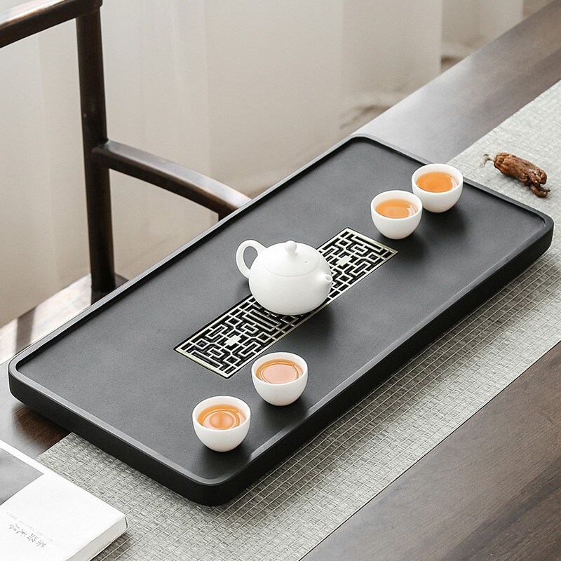 金镶玉乌金石茶盘家用简约功夫茶具排水石头茶台茶托盘茶海套装
