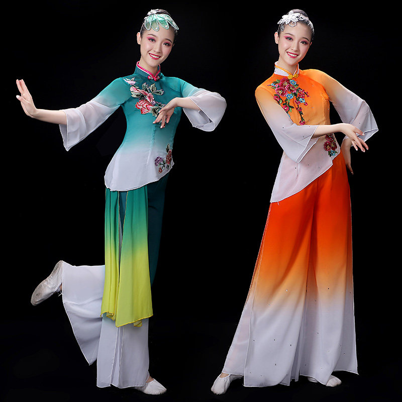 秧歌服装新款套装2021新款雪纺飘逸中老年扇子舞手绢广场舞演出服