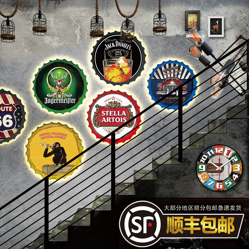 墙壁灯复古背光铁皮画啤酒盖装饰铁艺酒吧餐饮墙面背景墙网红装饰