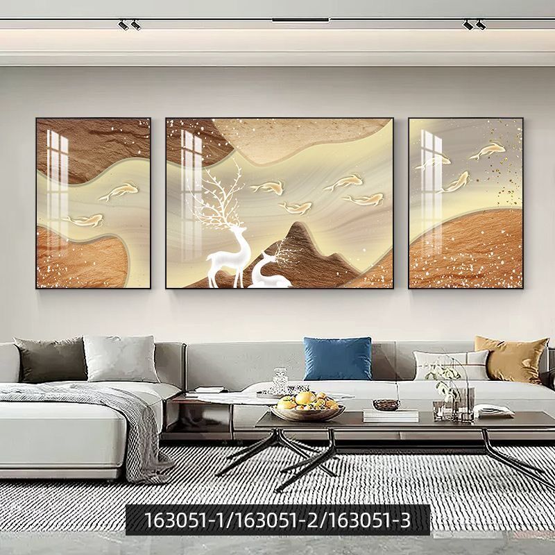 九鱼聚财图三联画客厅奶油风沙发背景墙晶瓷装饰画轻奢高级感壁画