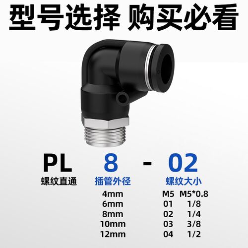 气管快速螺纹90度直角弯头接头PL8/4/6/10/12/14/16-01/02/03/04
