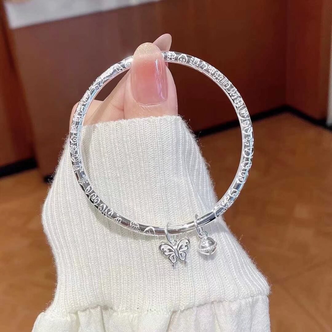 999足银吉言蝴蝶铃铛手镯女小众设计闭口招财纳福简约百搭送女友