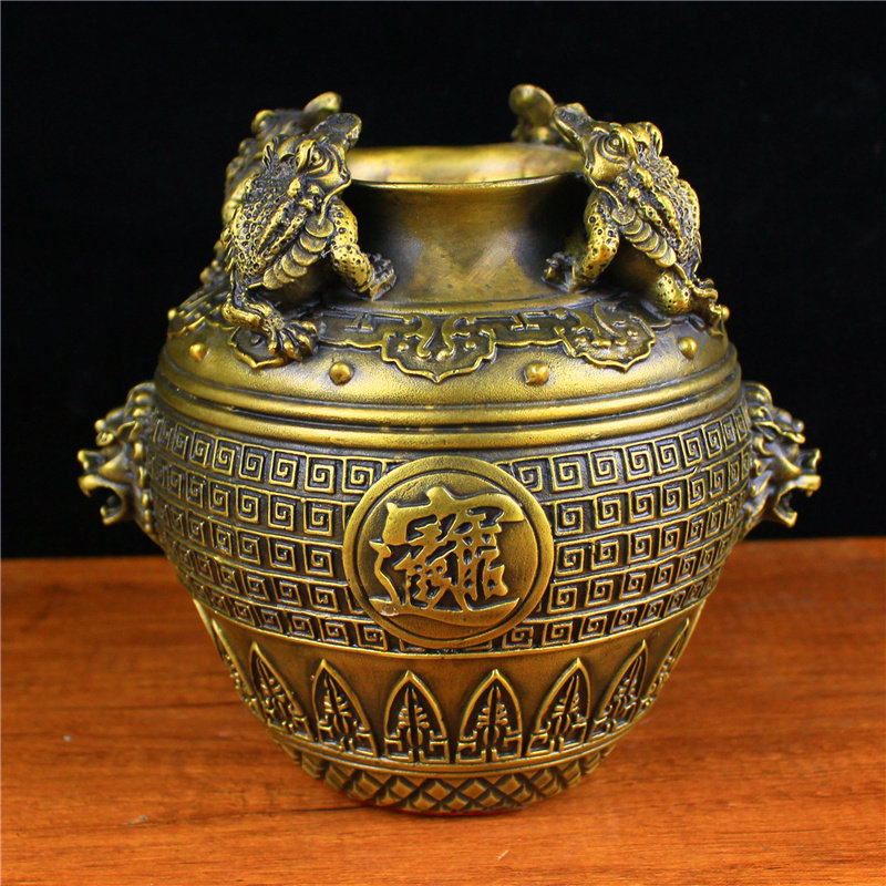 纯铜聚宝盆摆件金蟾黄铜四方纳财坛子钱罐家居饰品装饰品桌面摆设