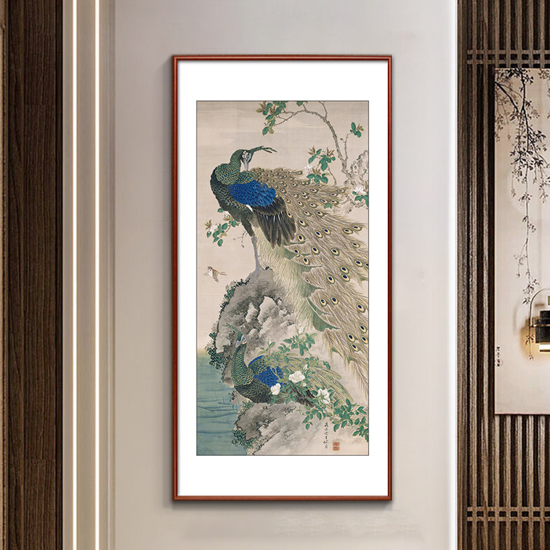 新中式孔雀图入户玄关装饰画客厅餐厅书房茶室挂画走廊过道壁画
