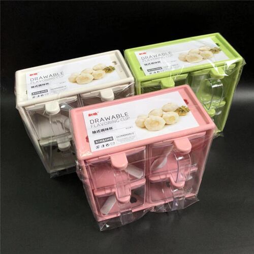 包邮 抽屉式调料盒厨房多用调味盒4格分格卫生带匙更味盒上下两层