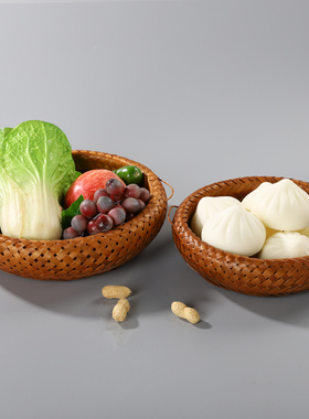 竹编篮日式大漆复古手提篮圆形双层食盒茶具收纳筐干果零食茶点盘