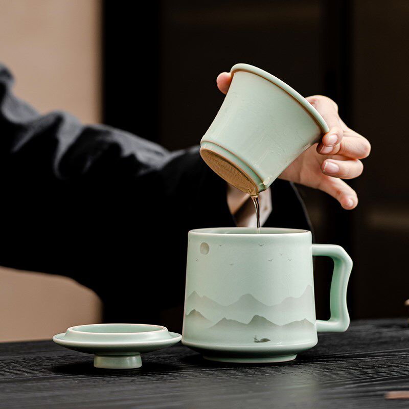 中秋礼品远山汝窑茶杯开片陶瓷水杯茶水分离泡茶杯男士办公杯定制