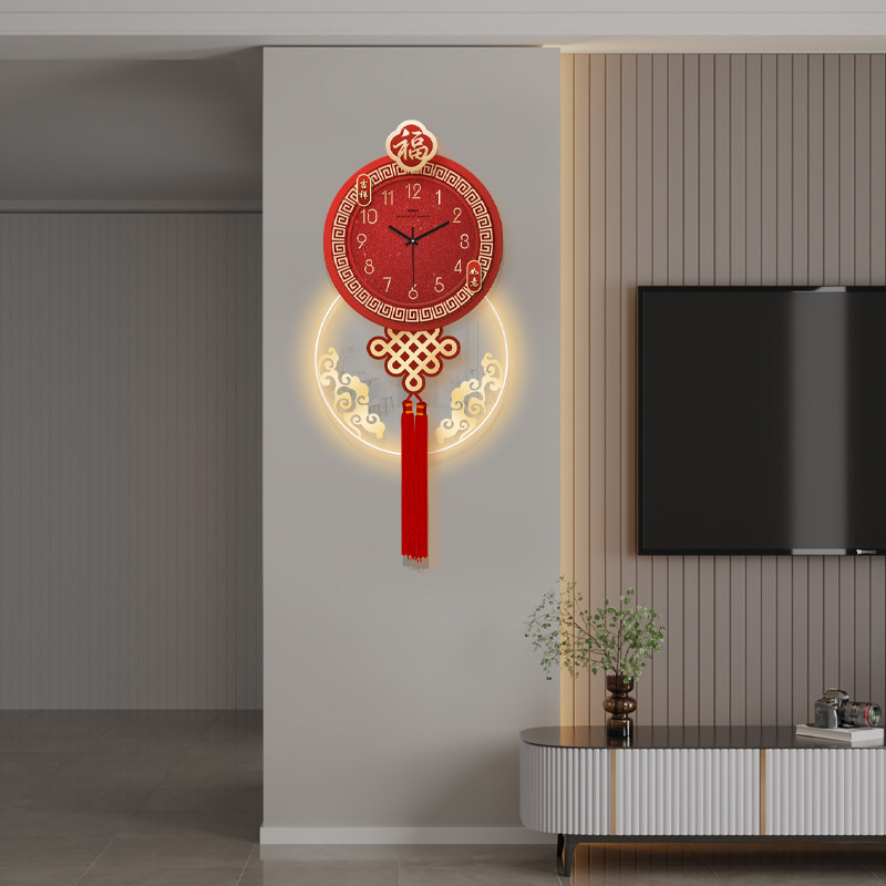 中国结钟表装饰画立体格栅背景墙壁灯挂钟画发光高级感时钟挂画表