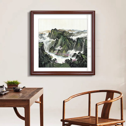 旭日东升挂画中式客厅装饰画玄关方形国画风景山水餐厅办公室壁画